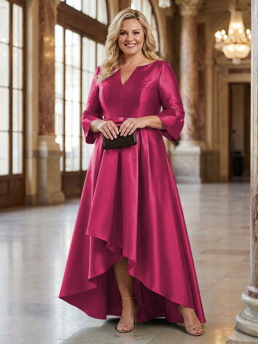 V-Neck Satin 3/4 Sleeve Midi Plus Size Mother of the Bride Dresses Formal Gown