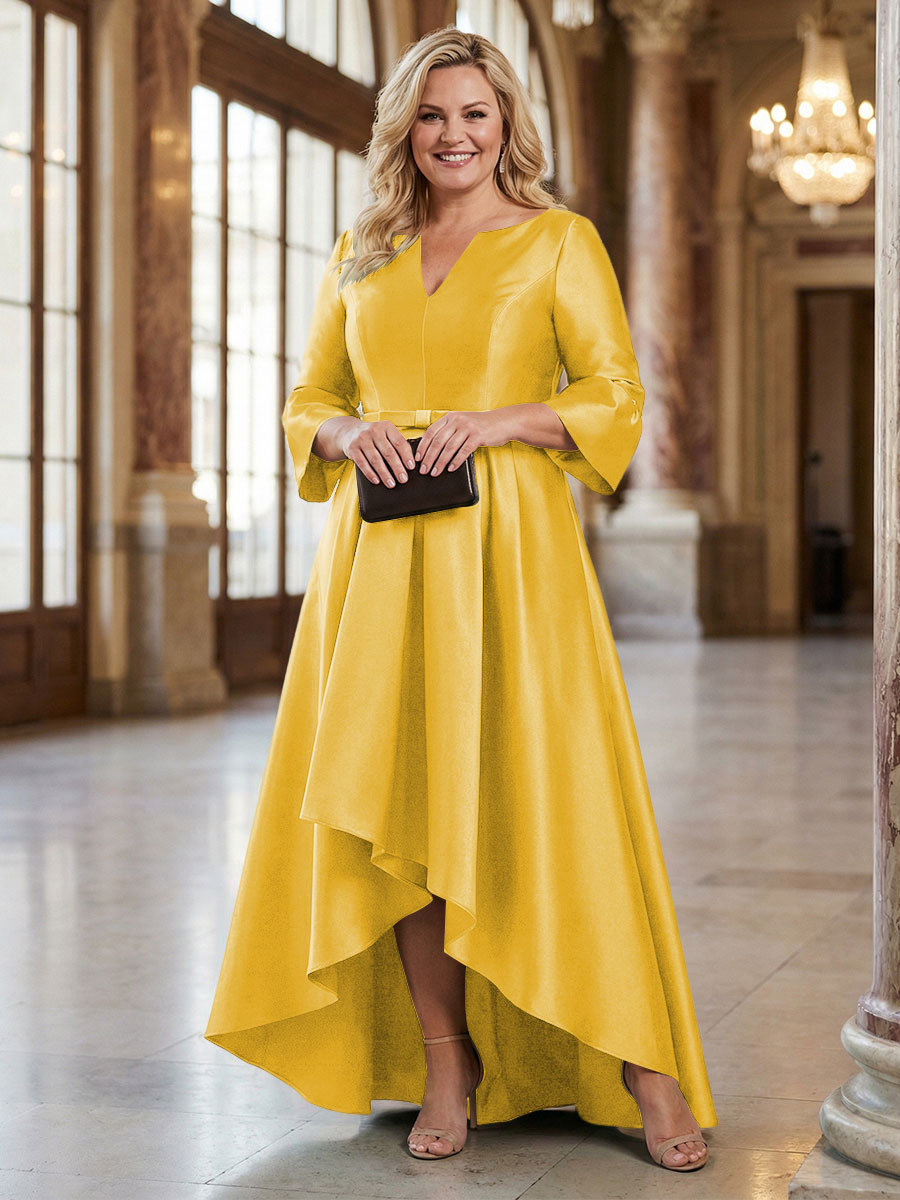V-Neck Satin 3/4 Sleeve Midi Plus Size Mother of the Bride Dresses Formal Gown