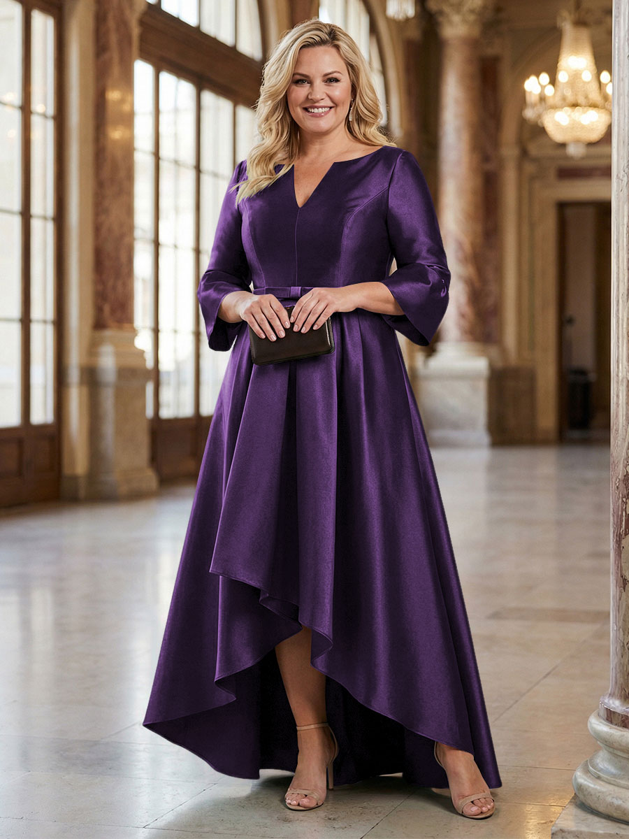 V-Neck Satin 3/4 Sleeve Midi Plus Size Mother of the Bride Dresses Formal Gown