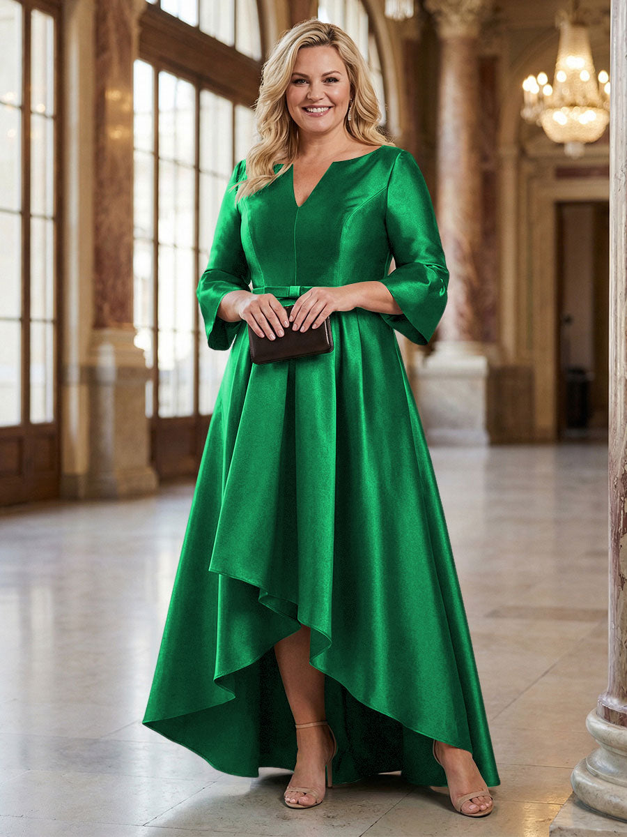 V-Neck Satin 3/4 Sleeve Midi Plus Size Mother of the Bride Dresses Formal Gown