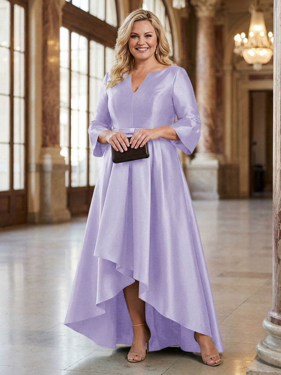 V-Neck Satin 3/4 Sleeve Midi Plus Size Mother of the Bride Dresses Formal Gown