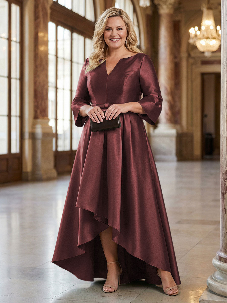 V-Neck Satin 3/4 Sleeve Midi Plus Size Mother of the Bride Dresses Formal Gown