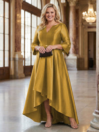 V-Neck Satin 3/4 Sleeve Midi Plus Size Mother of the Bride Dresses Formal Gown