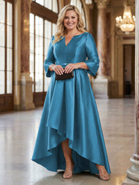 V-Neck Satin 3/4 Sleeve Midi Plus Size Mother of the Bride Dresses Formal Gown