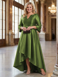V-Neck Satin 3/4 Sleeve Midi Plus Size Mother of the Bride Dresses Formal Gown