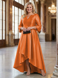 V-Neck Satin 3/4 Sleeve Midi Plus Size Mother of the Bride Dresses Formal Gown