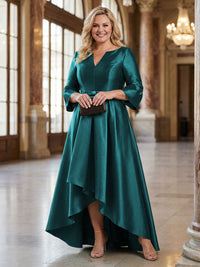 V-Neck Satin 3/4 Sleeve Midi Plus Size Mother of the Bride Dresses Formal Gown
