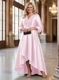 V-Neck Satin 3/4 Sleeve Midi Plus Size Mother of the Bride Dresses Formal Gown
