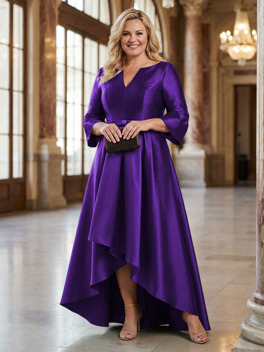 V-Neck Satin 3/4 Sleeve Midi Plus Size Mother of the Bride Dresses Formal Gown