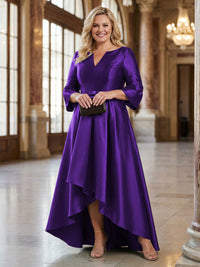 V-Neck Satin 3/4 Sleeve Midi Plus Size Mother of the Bride Dresses Formal Gown