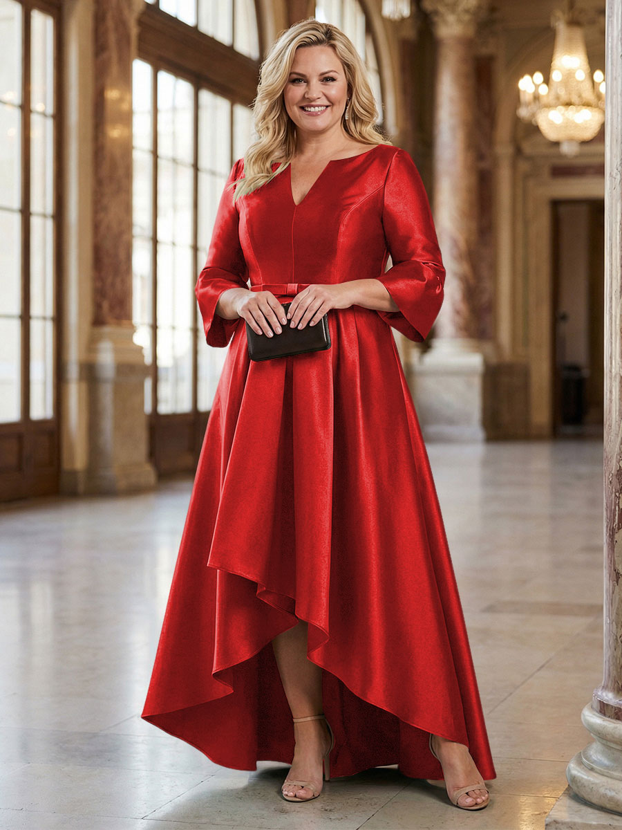 V-Neck Satin 3/4 Sleeve Midi Plus Size Mother of the Bride Dresses Formal Gown