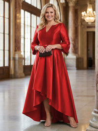 V-Neck Satin 3/4 Sleeve Midi Plus Size Mother of the Bride Dresses Formal Gown