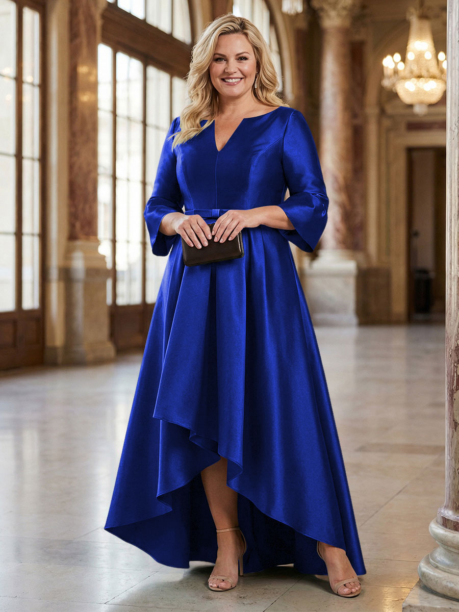 V-Neck Satin 3/4 Sleeve Midi Plus Size Mother of the Bride Dresses Formal Gown