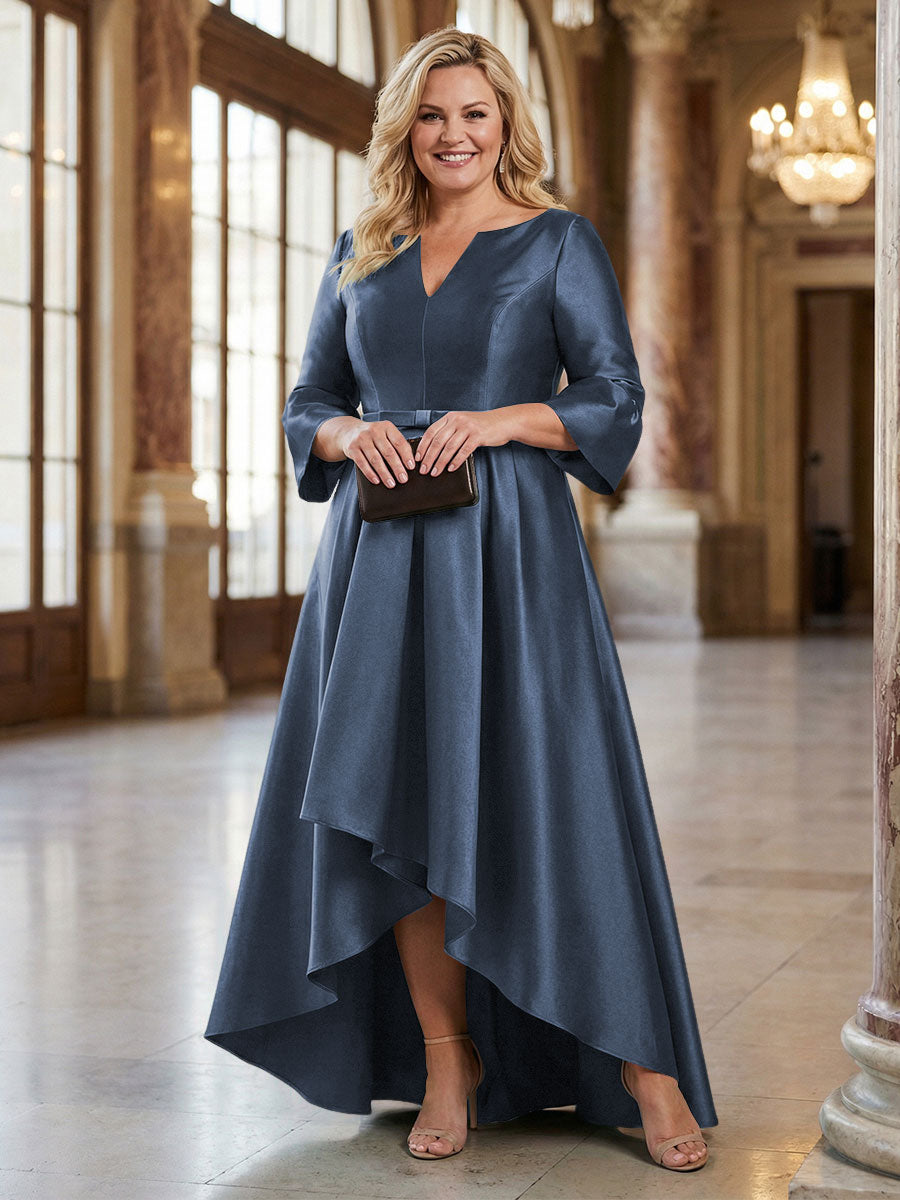 V-Neck Satin 3/4 Sleeve Midi Plus Size Mother of the Bride Dresses Formal Gown