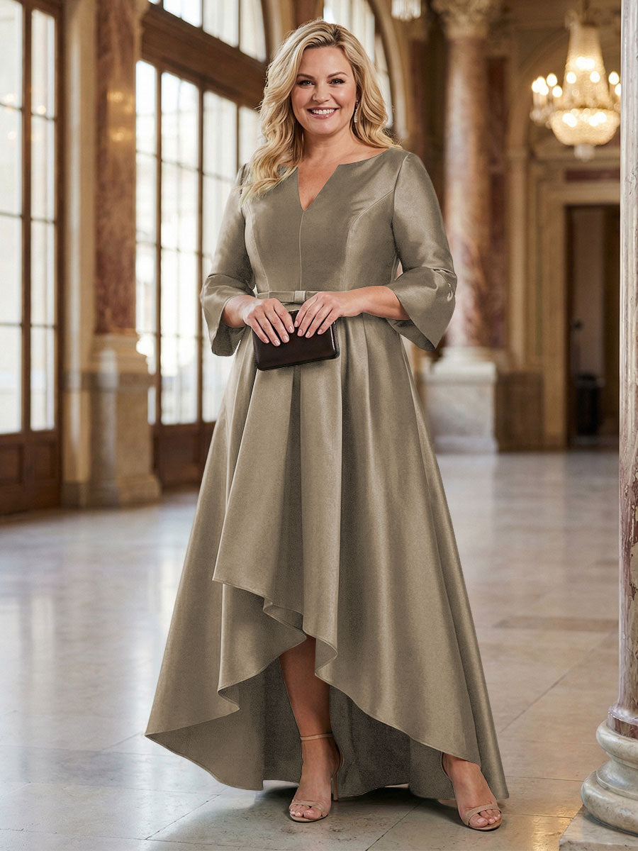 V-Neck Satin 3/4 Sleeve Midi Plus Size Mother of the Bride Dresses Formal Gown