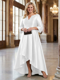 V-Neck Satin 3/4 Sleeve Midi Plus Size Mother of the Bride Dresses Formal Gown