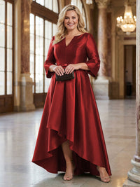 V-Neck Satin 3/4 Sleeve Midi Plus Size Mother of the Bride Dresses Formal Gown