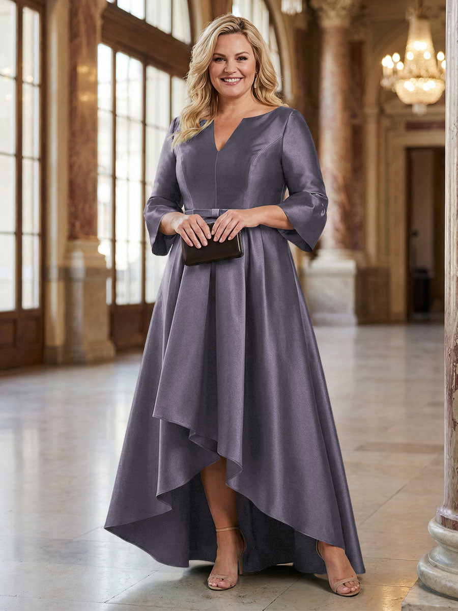 V-Neck Satin 3/4 Sleeve Midi Plus Size Mother of the Bride Dresses Formal Gown