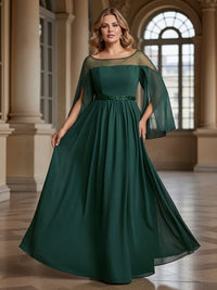 Scoop Neck Chiffon Long Sleeve Plus Size Maxi Mother of the Bride Dresses with Sequin Belt
