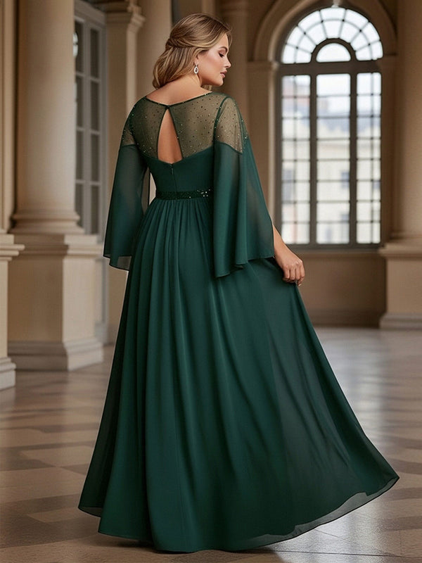 Scoop Neck Chiffon Long Sleeve Plus Size Maxi Mother of the Bride Dresses with Sequin Belt
