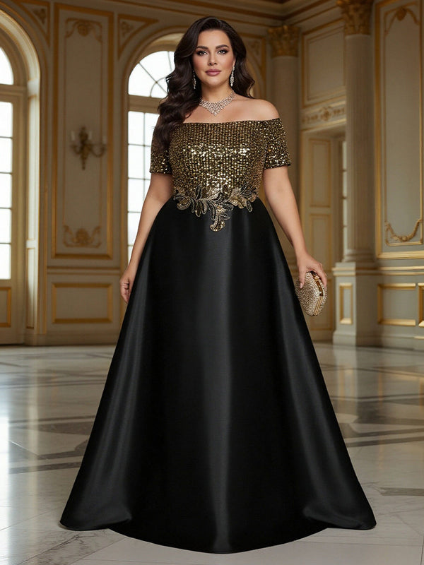 Black Gold Mother of the Bride Dresses 2026 for Women A Line Off Shoulder Short Sleeve Floor Length Formal Evening Gowns