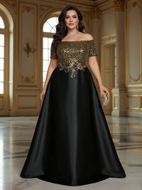 Off Shoulder Short Sleeve Satin A-Line Long Mother of the Bride Dresses with Sequin Applique