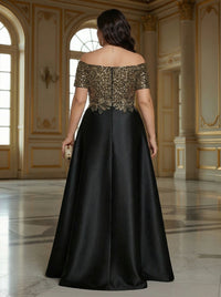 Off Shoulder Short Sleeve Satin A-Line Long Mother of the Bride Dresses with Sequin Applique