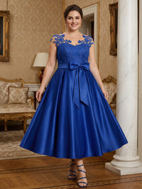 Illusion Lace Applique Cap Sleeve Midi Mother of the Bride Dresses Satin Wedding Guest Gown with Belt