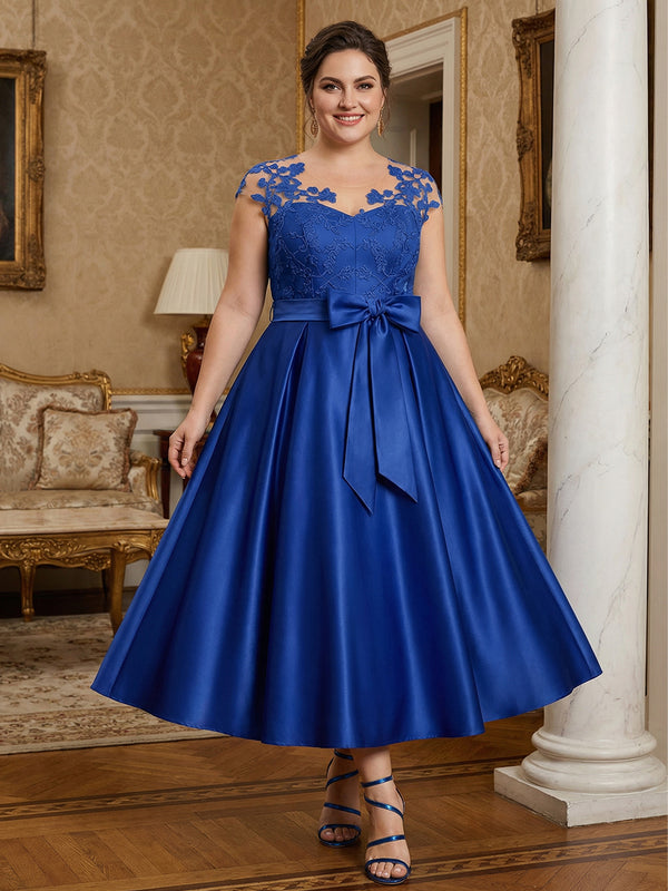 Illusion Lace Applique Cap Sleeve Midi Mother of the Bride Dresses Satin Wedding Guest Gown with Belt