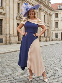 Asymmetrical Sleeve Chiffon Midi Mother of the Bride Dresses with Belt