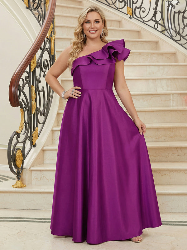 One Shoulder Satin A-Line Long Mother of the Bride Dresses with Ruffle