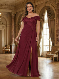 Lace Applique Off Shoulder Ruched Chiffon A-Line Long Mother of the Bride Dresses with Slit