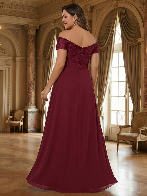 Lace Applique Off Shoulder Ruched Chiffon A-Line Long Mother of the Bride Dresses with Slit
