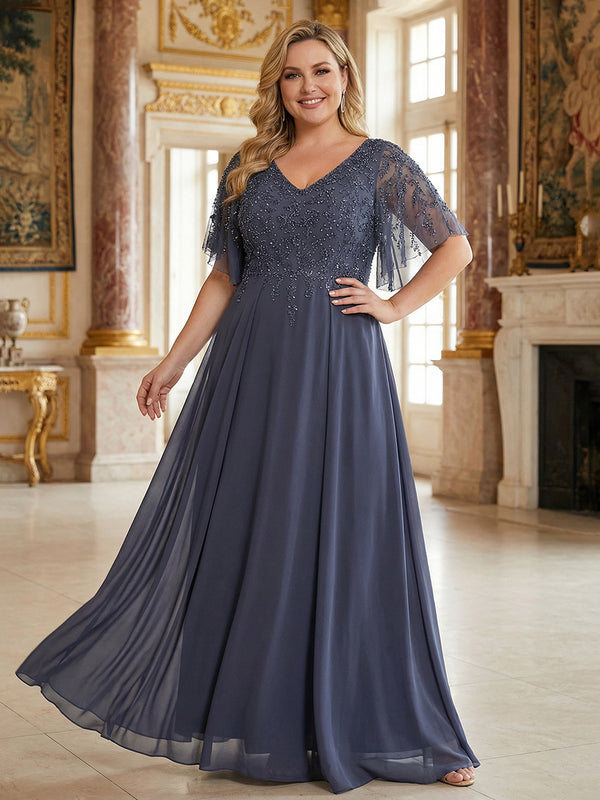Applique V-Neck Flutter Sleeve Chiffon A-Line Long Mother of the Bride Dresses