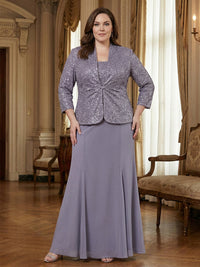 Sequin Two-Piece 3/4 Sleeve Chiffon A-Line Long Mother of the Bride Dresses with Jacket