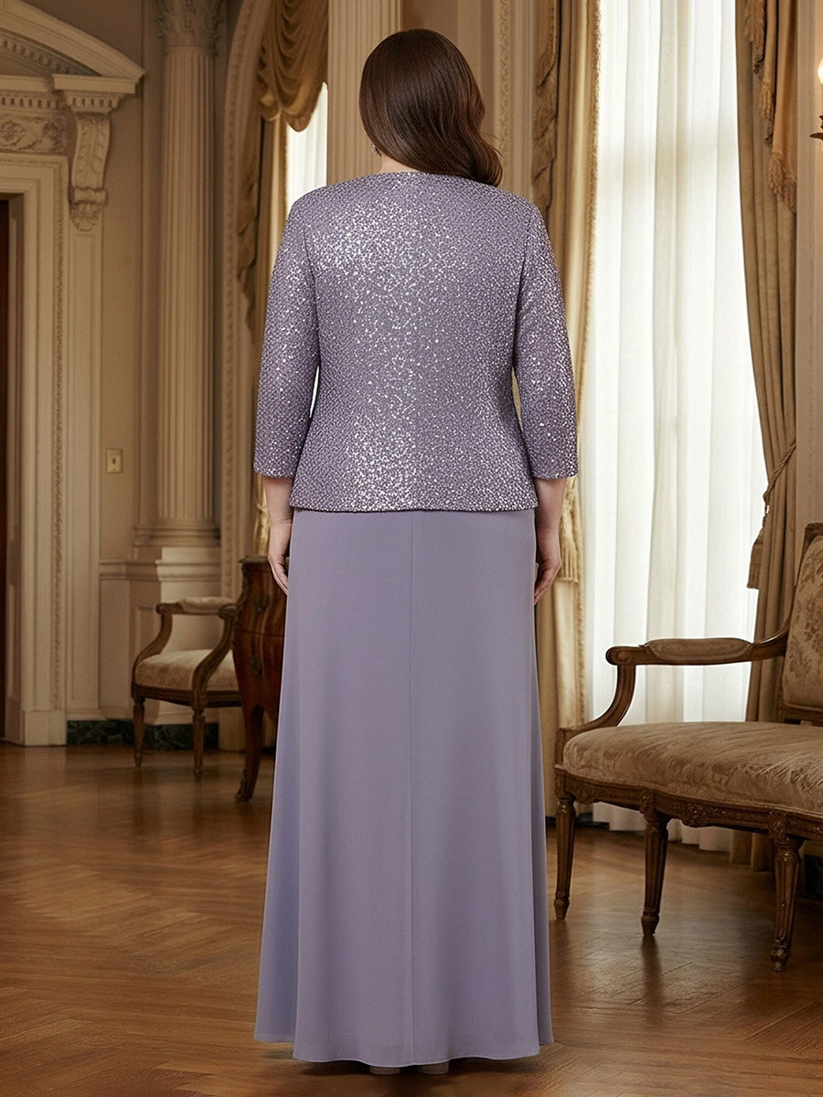 Sequin Two-Piece 3/4 Sleeve Chiffon A-Line Long Mother of the Bride Dresses with Jacket