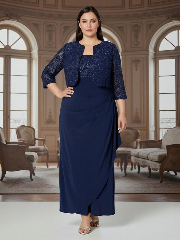 Two-Piece 3/4 Sleeve Sequin A-Line Long Mother of the Bride Dresses with Ruffle