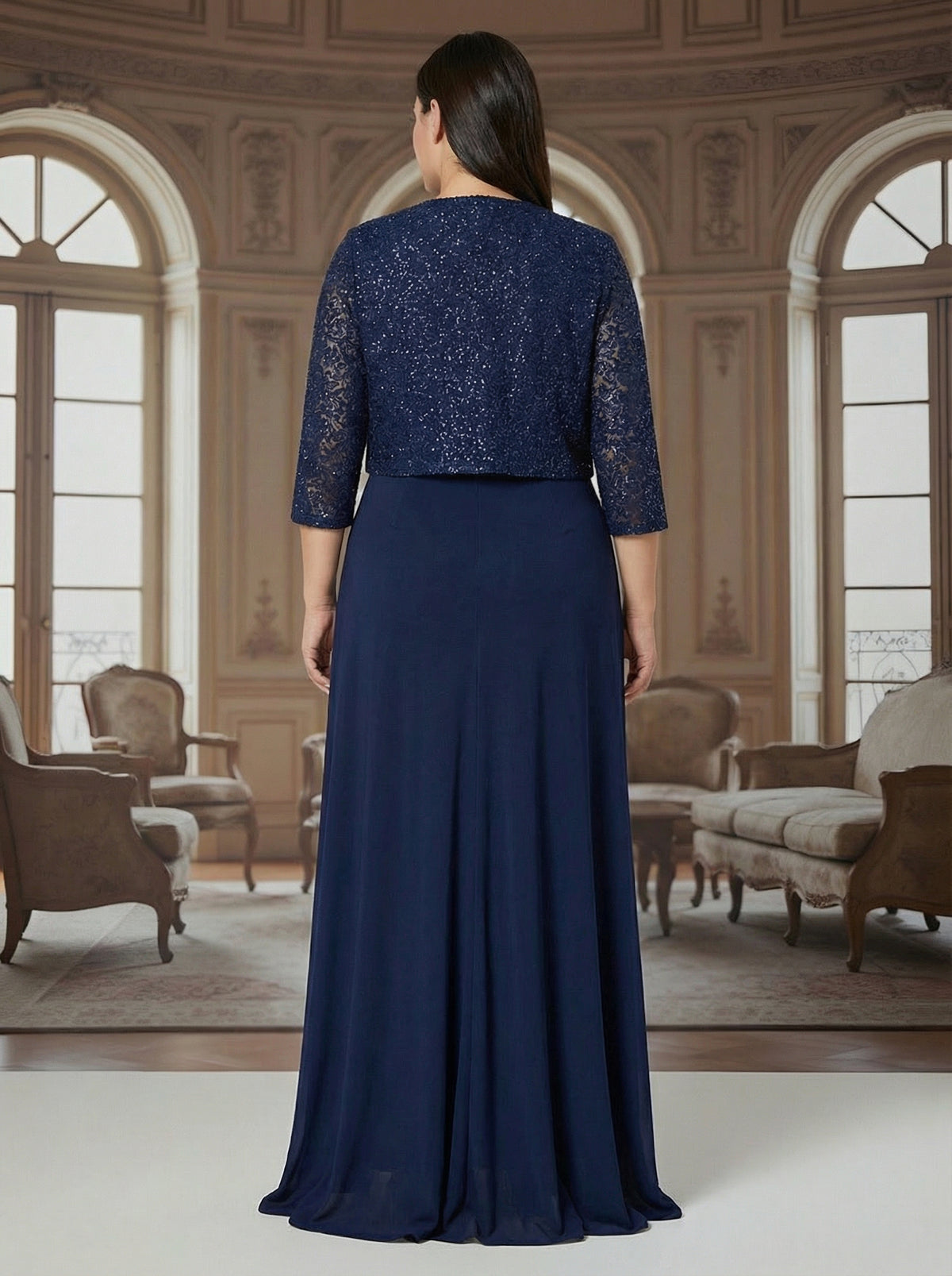 Two-Piece 3/4 Sleeve Sequin A-Line Long Mother of the Bride Dresses with Ruffle