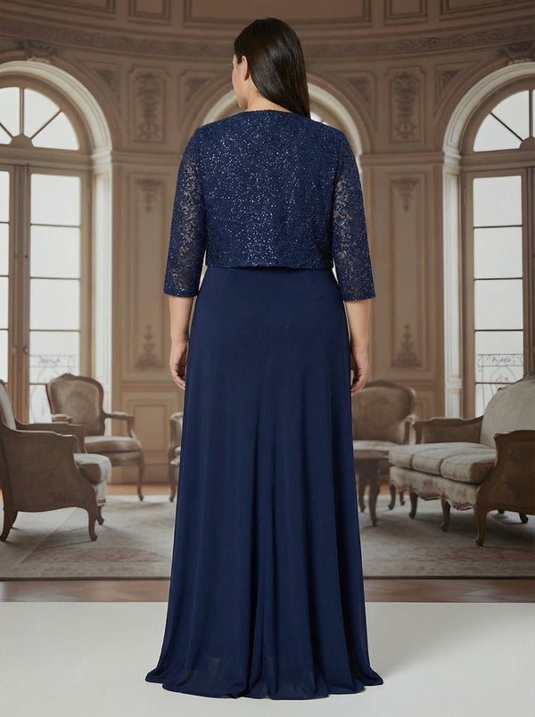 Two-Piece 3/4 Sleeve Sequin A-Line Long Mother of the Bride Dresses with Ruffle