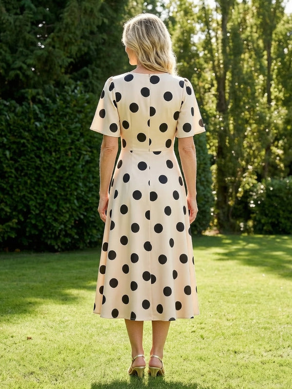 Flutter Sleeve Polka Dot V-Neck Midi Mother of the Bride Dresses A-Line Formal Dress