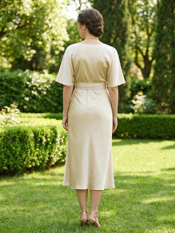 Short Sleeve Midi Mother of the Bride Dresses Satin Sheath Formal Dress with Belt