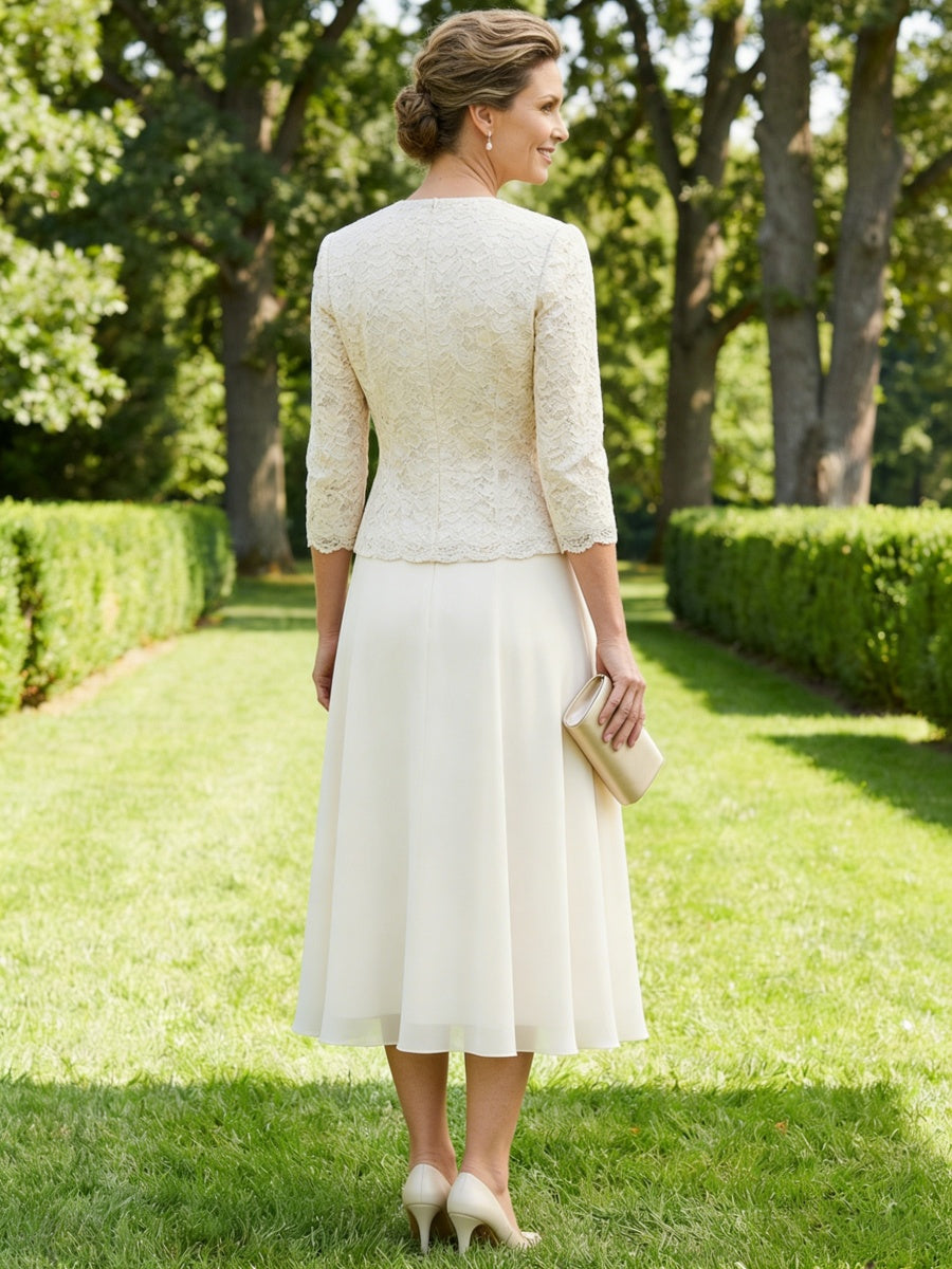 Champagne Mother of the Bride Dress Tea Length Chiffon A-Line with Lace Jacket Elegant Wedding Guest Outfit
