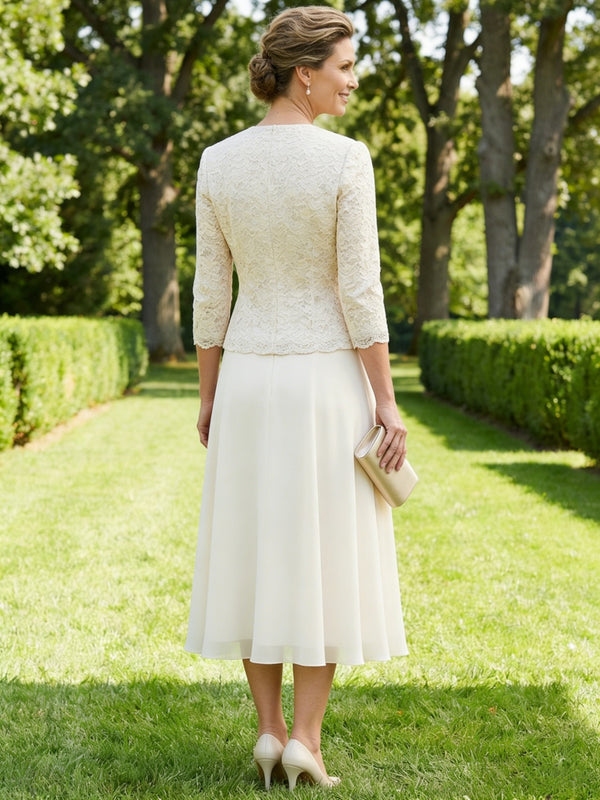 Two-Piece 3/4 Sleeve Lace A-Line Midi Mother of the Bride Dresses with Jacket