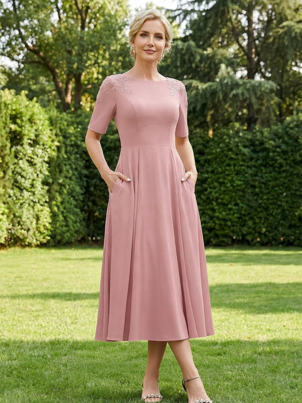Lace Applique Short Sleeve Midi Mother of the Bride Dresses Satin Wedding Guest Gown with Pocket