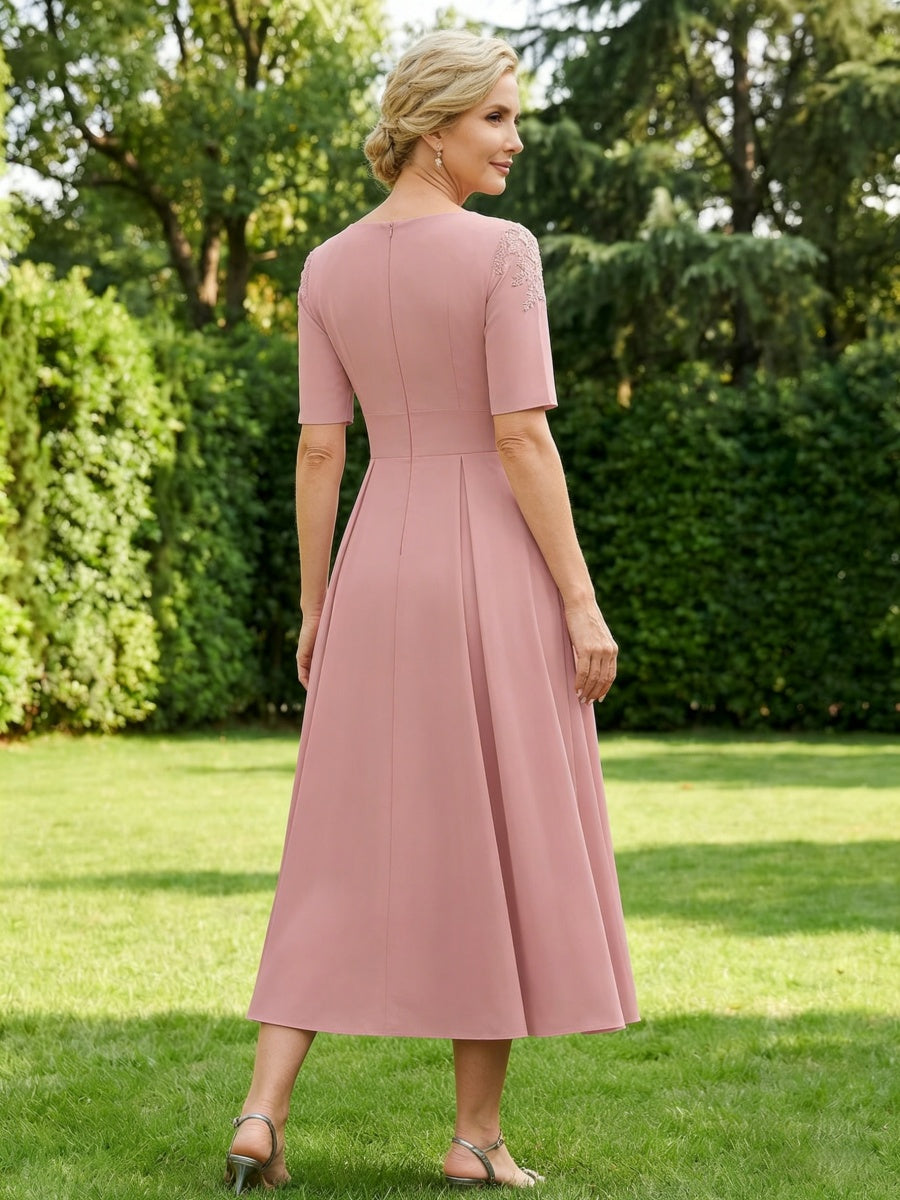 Lace Applique Short Sleeve Midi Mother of the Bride Dresses Satin Wedding Guest Gown with Pocket