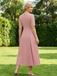 Lace Applique Short Sleeve Midi Mother of the Bride Dresses Satin Wedding Guest Gown with Pocket