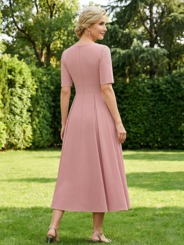 Lace Applique Short Sleeve Midi Mother of the Bride Dresses Satin Wedding Guest Gown with Pocket