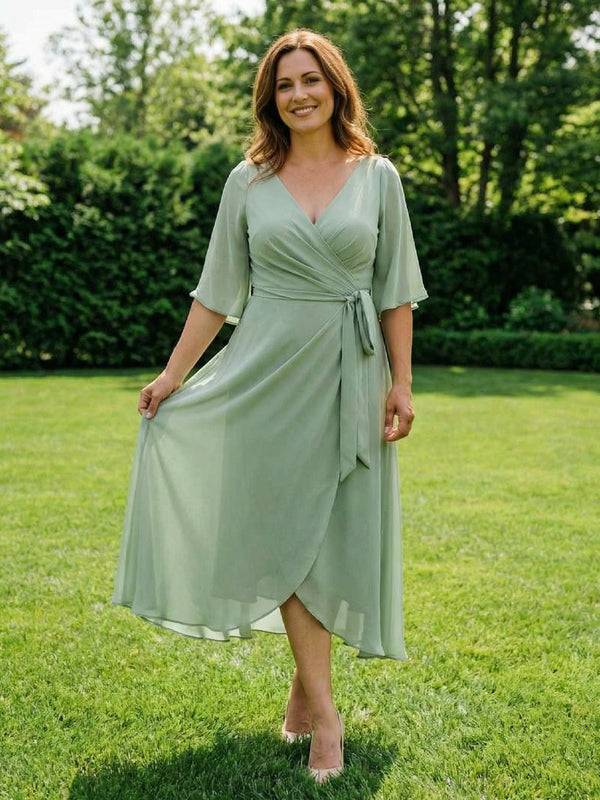 Chiffon V-Neck Ruched Wrap Midi Mother of the Bride Dresses with Half Sleeve Wedding Gowns