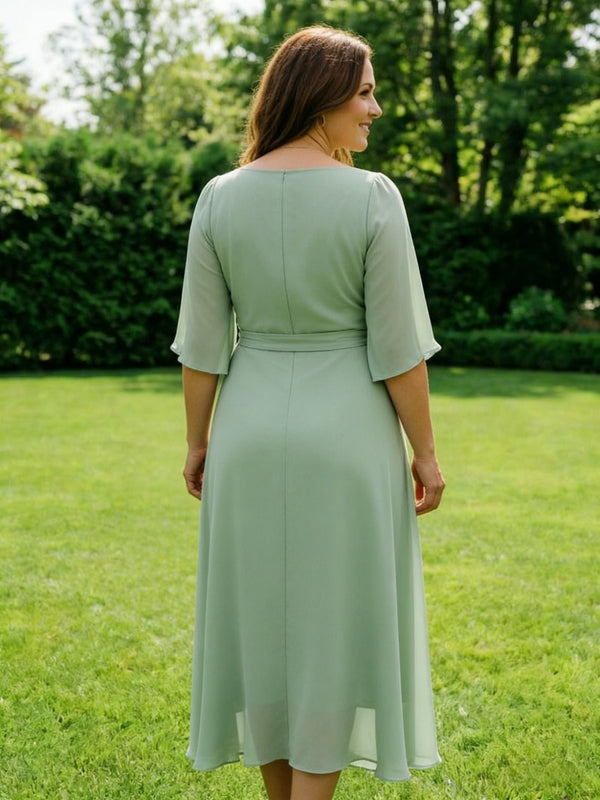 Chiffon V-Neck Ruched Wrap Midi Mother of the Bride Dresses with Half Sleeve Wedding Gowns