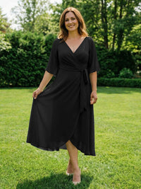 Chiffon V-Neck Ruched Wrap Midi Mother of the Bride Dresses with Half Sleeve Wedding Gowns